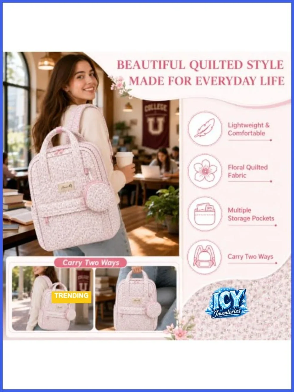 Quilted Cotton Backpack Purse with Multiple Pockets and Detachable Coin Pouch
